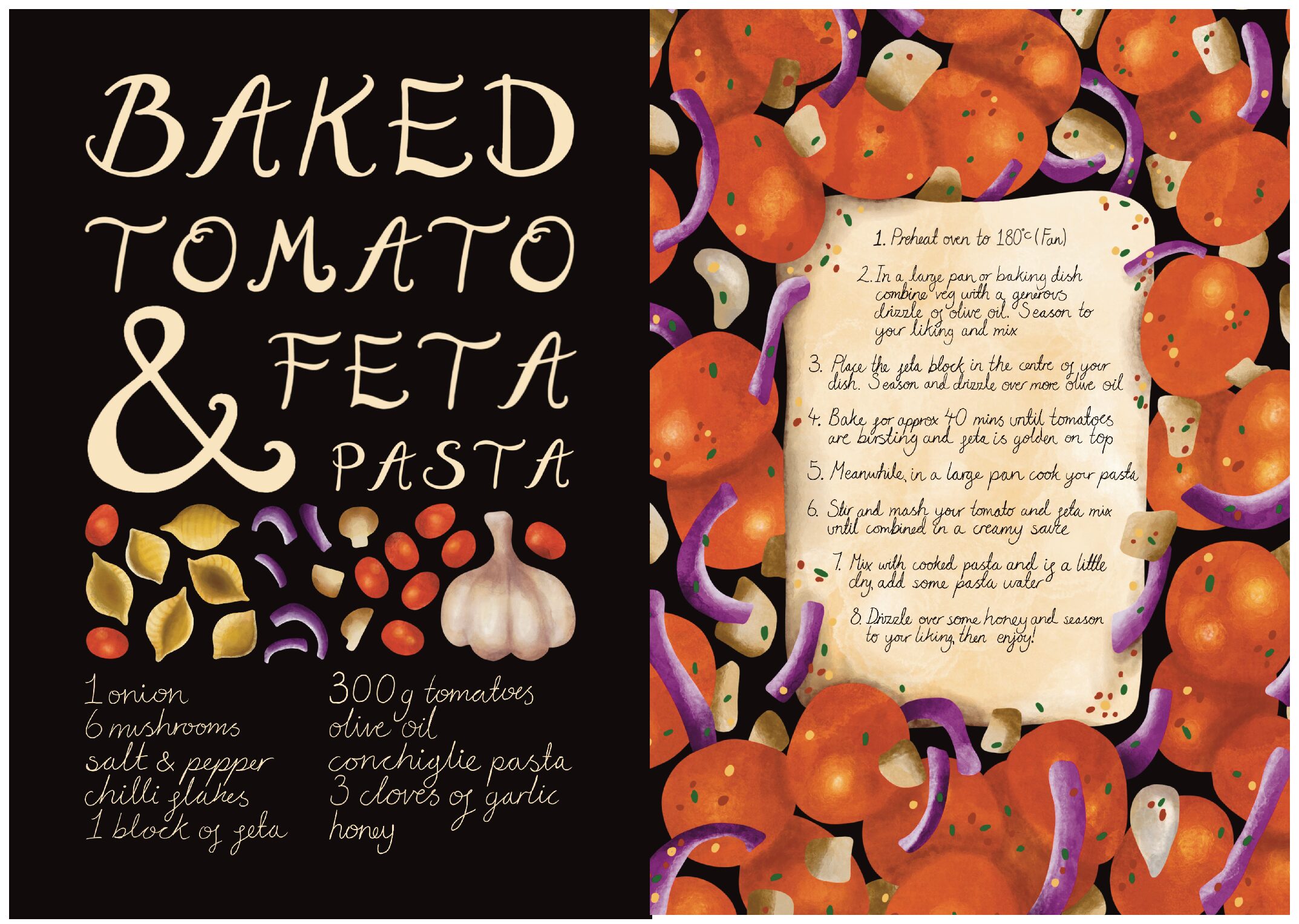 illustrated Baked Tomato & Feta Pasta recipe