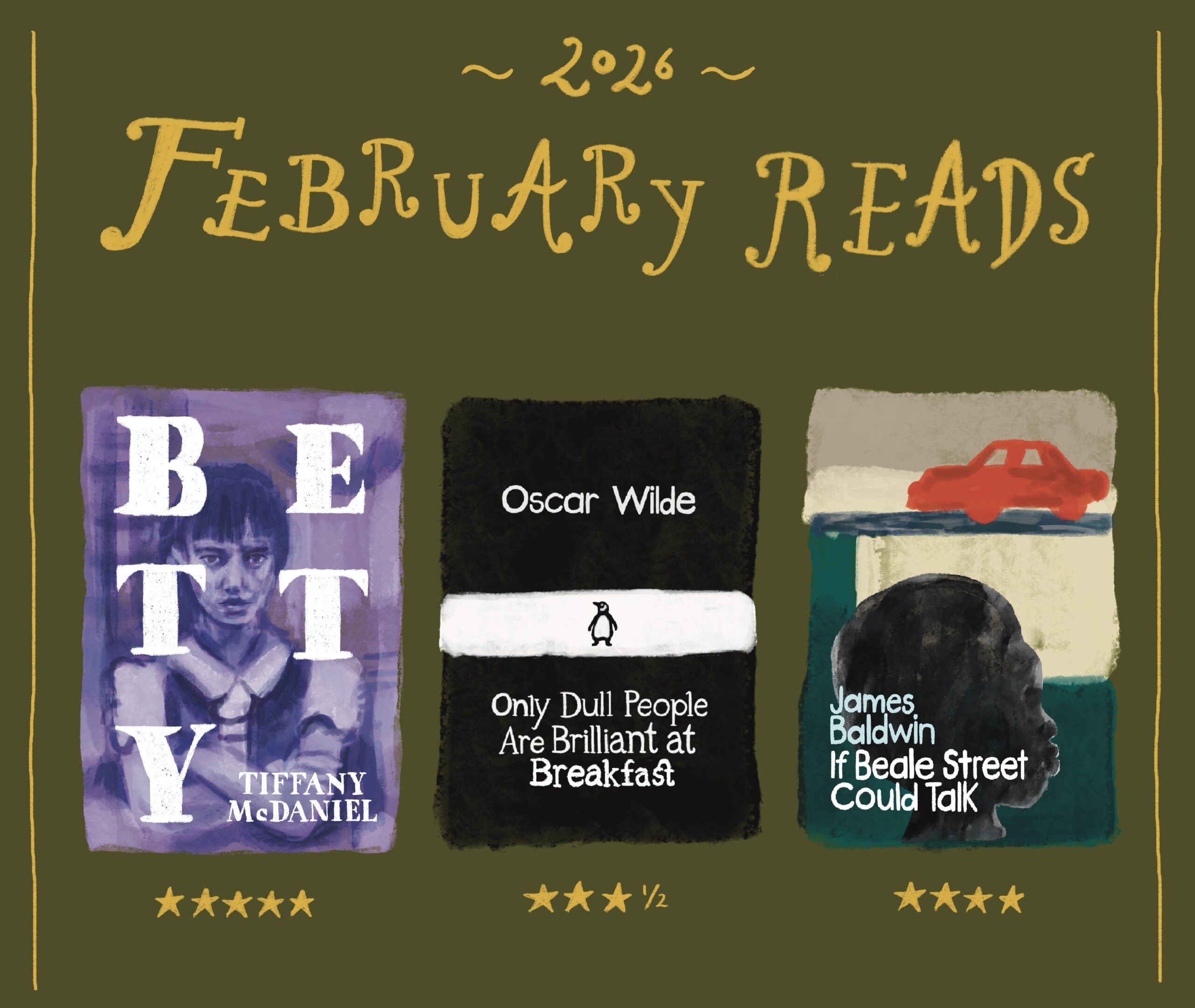Illustrations of book covers of Emma's February Reads of 2026