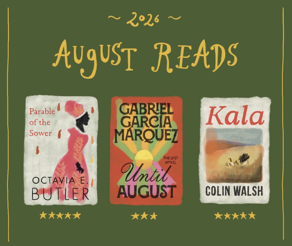 Illustrations of book covers of Emma's August Reads of 2026
